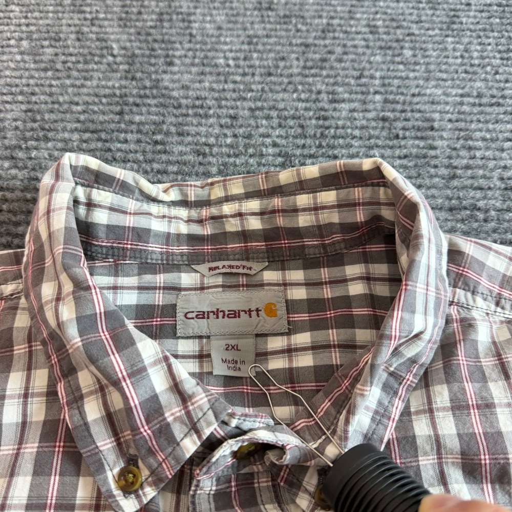 Carhartt Mens Relaxed Fit Plaid Short‎ Sleeve Button Down Shirt Grey Red 2XL - Picture 4 of 9